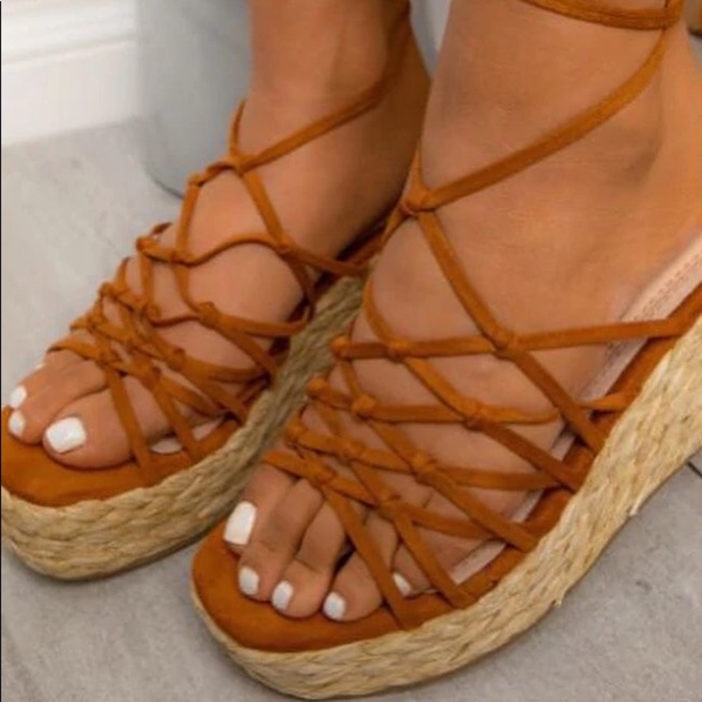 Cognac (Brown)Espadrille Tie Up Wedge Sandals